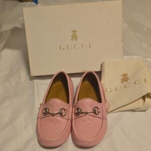 Gucci Kids Pink Leather Horsebit Moccasin Loafers